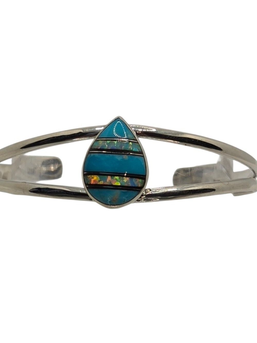 Sterling Silver Teardrop Turquoise Opal Mosaic Inlay Cuff Bracelet 6.5 Inch